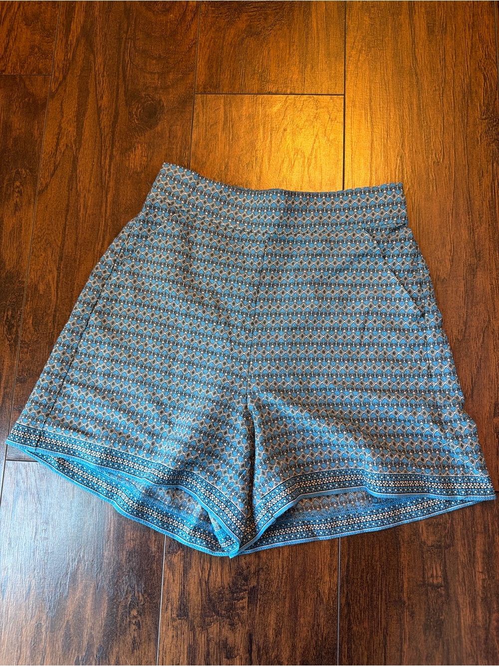 Max Studio Teal and Blue Patterned High-Waist Shorts